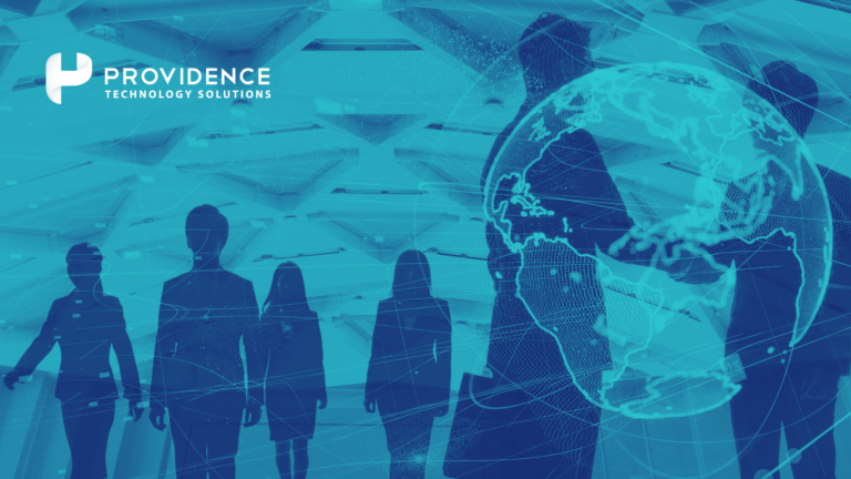 Silhouettes of diverse professionals with a digital globe, symbolizing global workforce management and connectivity. Includes the Providence Technology Solutions logo, highlighting innovation and HR solutions with Dayforce.