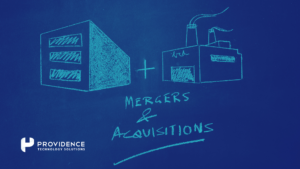 Illustration of a server and factory representing a merger, with text reading 'Mergers & Acquisitions,' branded with Providence Technology Solutions. This image symbolizes the integration of technology and operations during business mergers and acquisitions, emphasizing service and product alignment for successful transitions.