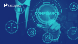 Business professional interacting with digital interface illustrating compliance concepts including legal scales, documents, and regulatory symbols—highlighting Providence Technology Solutions' HCM compliance expertise.