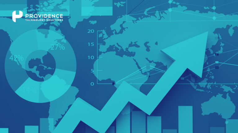 Global economic trends and growth chart overlay with upward arrow and data visualization, representing HR strategy adaptation during economic shifts – Providence Technology Solutions