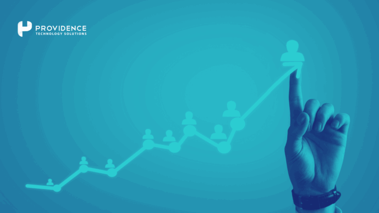 A stylized graph on a teal background shows a rising arrow. Along the arrow, a series of human icons increase in size from left to right, symbolizing employee growth. A hand reaches down to gently guide the tip of the arrow upward. This image illustrates how HCM technology facilitates talent mobility and career growth within an organization.