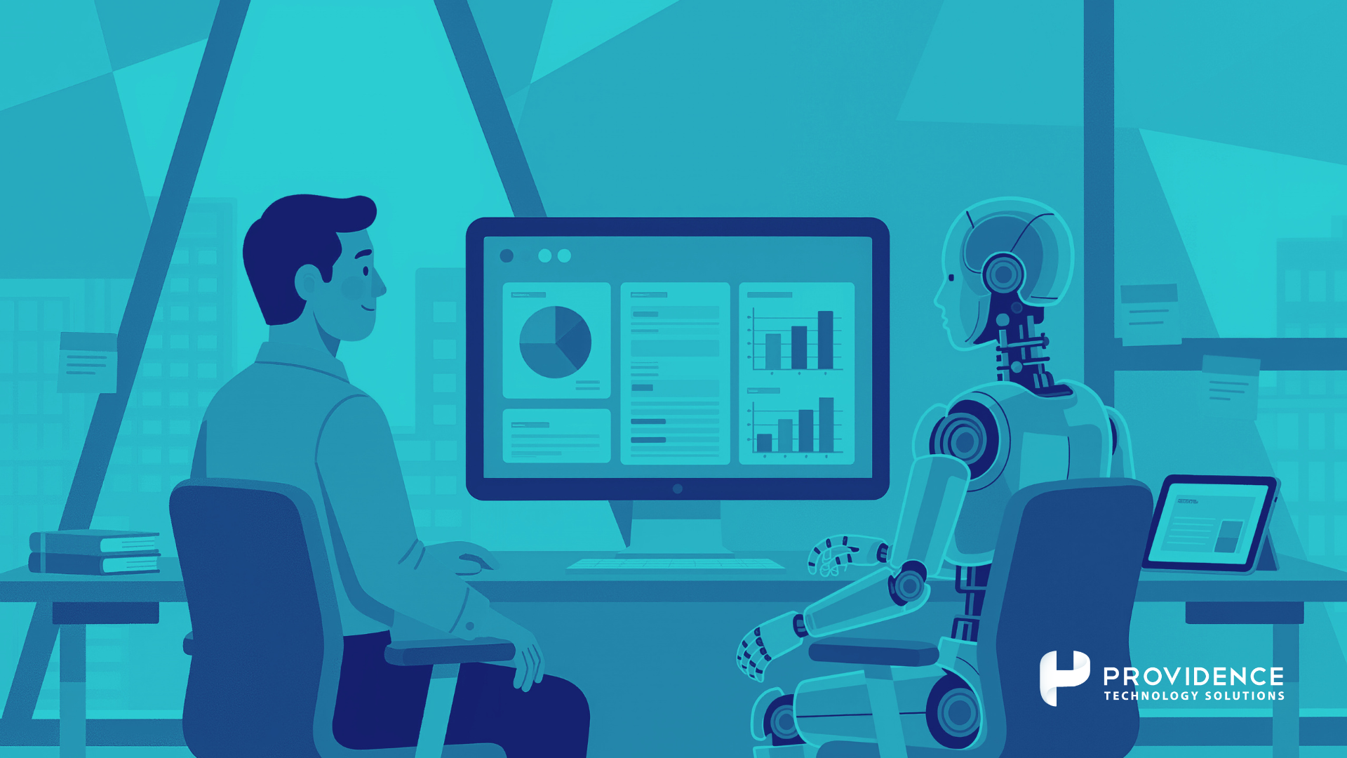 An HR professional using AI-powered software at a modern desk setup