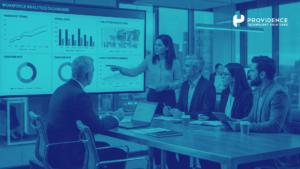 HR and payroll professionals reviewing AI-driven workforce analytics on a modern dashboard.