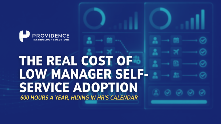 Manager self-service HCM adoption rate comparison with text overlay reading “The Real Cost of Low Manager Self-Service Adoption,” showing low-adoption workflows routed back to HR versus healthy self-service workflows completed through the system.