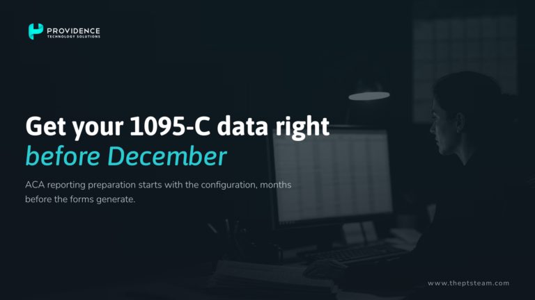 ACA reporting preparation: benefits analyst reviewing 1095-C data in an HCM platform before the December test run