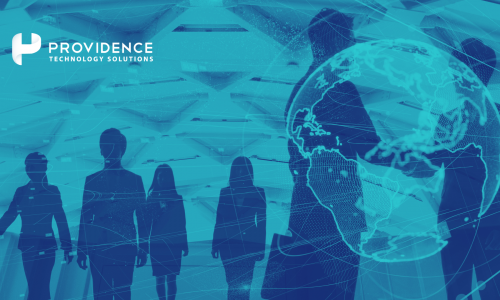 Silhouettes of diverse professionals with a digital globe, symbolizing global workforce management and connectivity. Includes the Providence Technology Solutions logo, highlighting innovation and HR solutions with Dayforce.