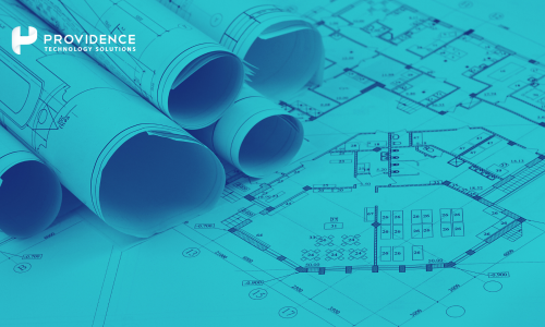 Blueprints rolled out on a table with the Providence Technology Solutions logo in the corner, representing a structured approach to HCM implementation as discussed in the blog.