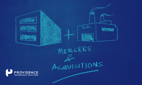 Illustration of a server and factory representing a merger, with text reading 'Mergers & Acquisitions,' branded with Providence Technology Solutions. This image symbolizes the integration of technology and operations during business mergers and acquisitions, emphasizing service and product alignment for successful transitions.